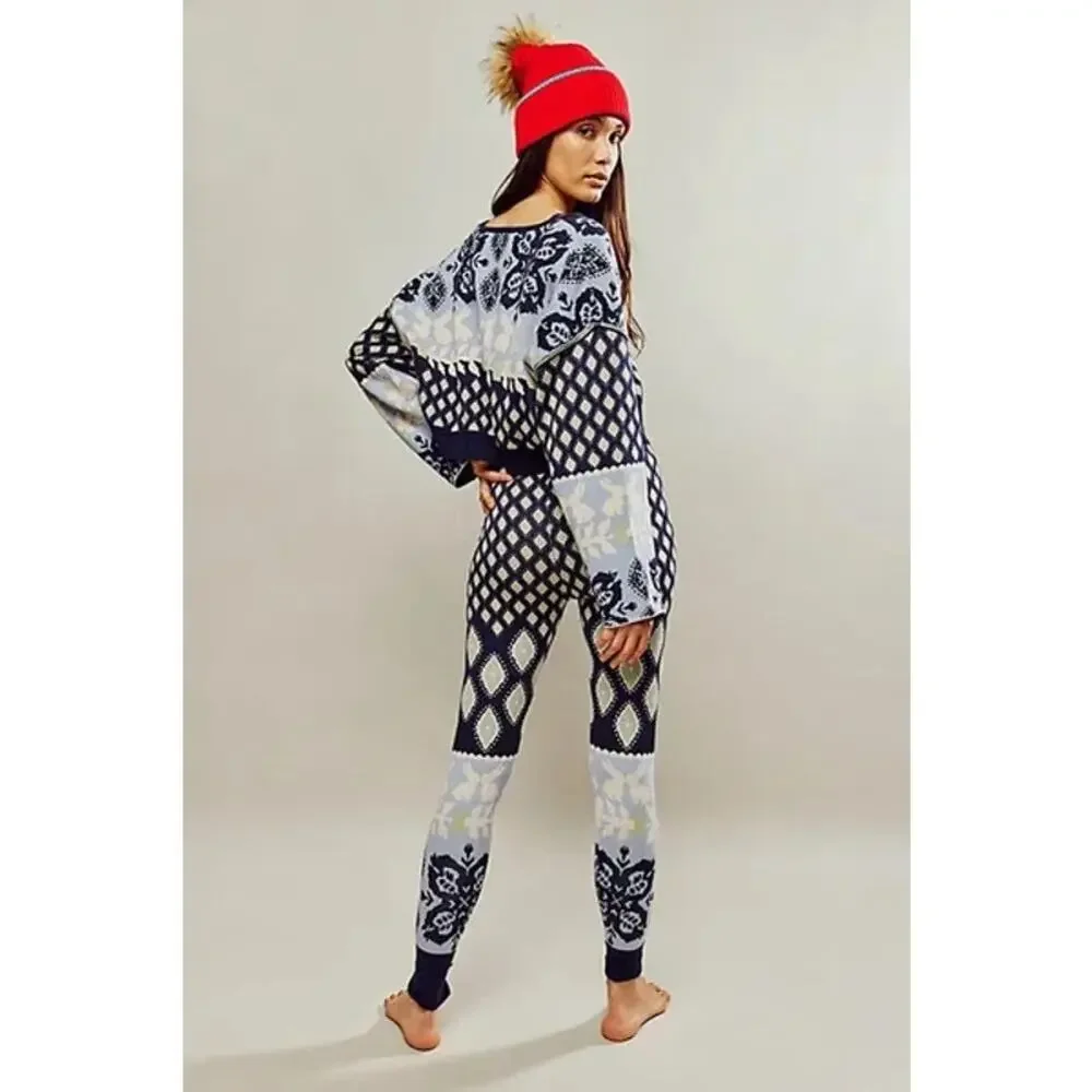 Free People Snow Bunny Knit SET Cardigan & Leggings XS Blue Lounge Nordic Indie